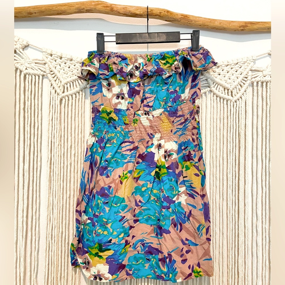 579 Floral Tropical Short Strapless Beach Dress Size M